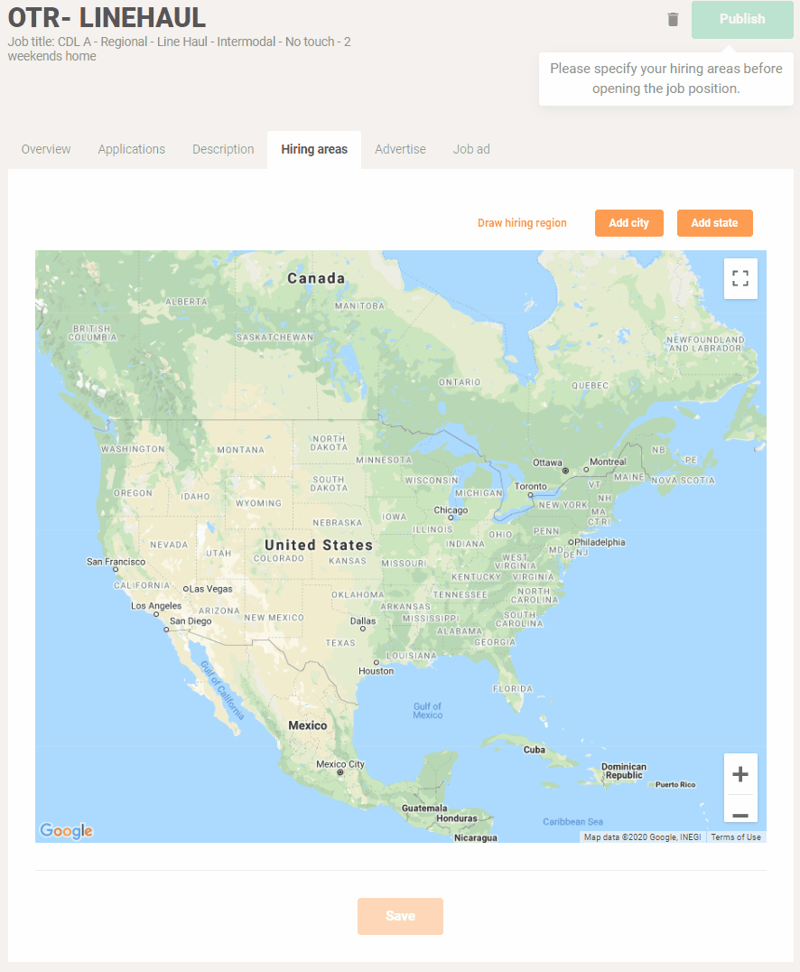 Hiring areas by city in YouCruit